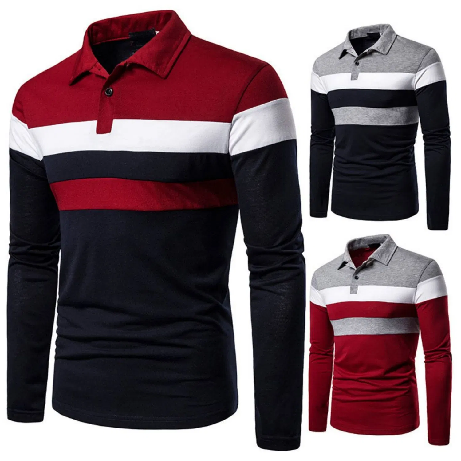 Men Quality Color Block Long Sleeve Golf Polo Shirts