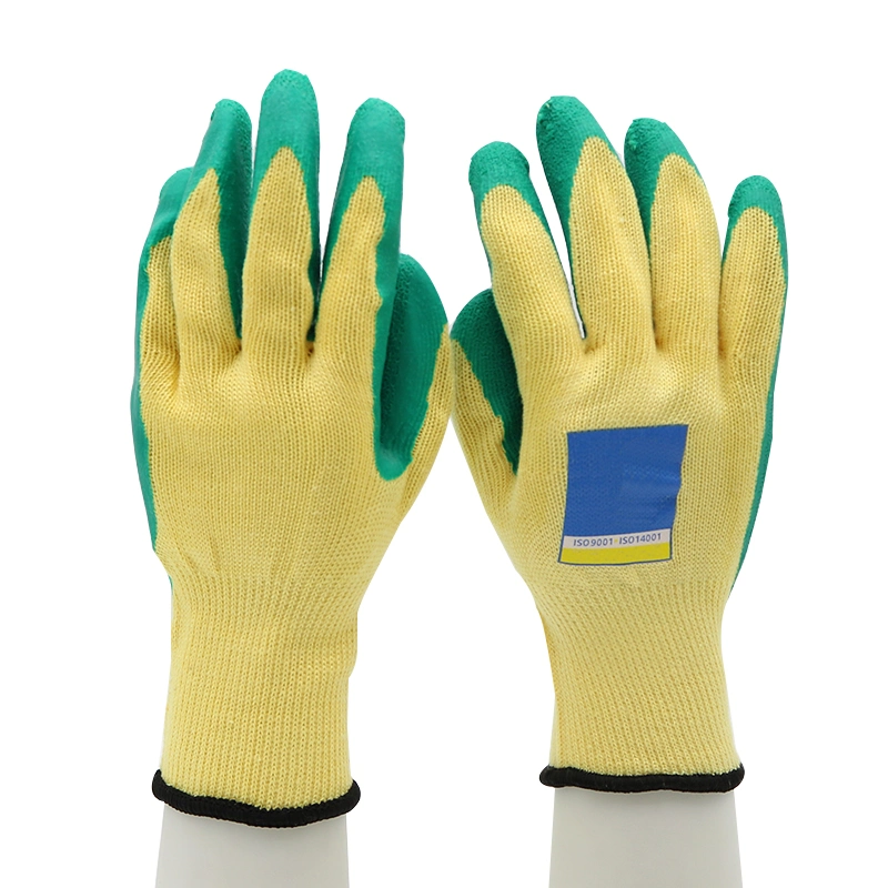 CE En 388 Custom Logo 21gauge 5 Yarns Cotton Liner Anti Slip Oil Chemical Resistant Green Latex Industrial Work Safety Gloves