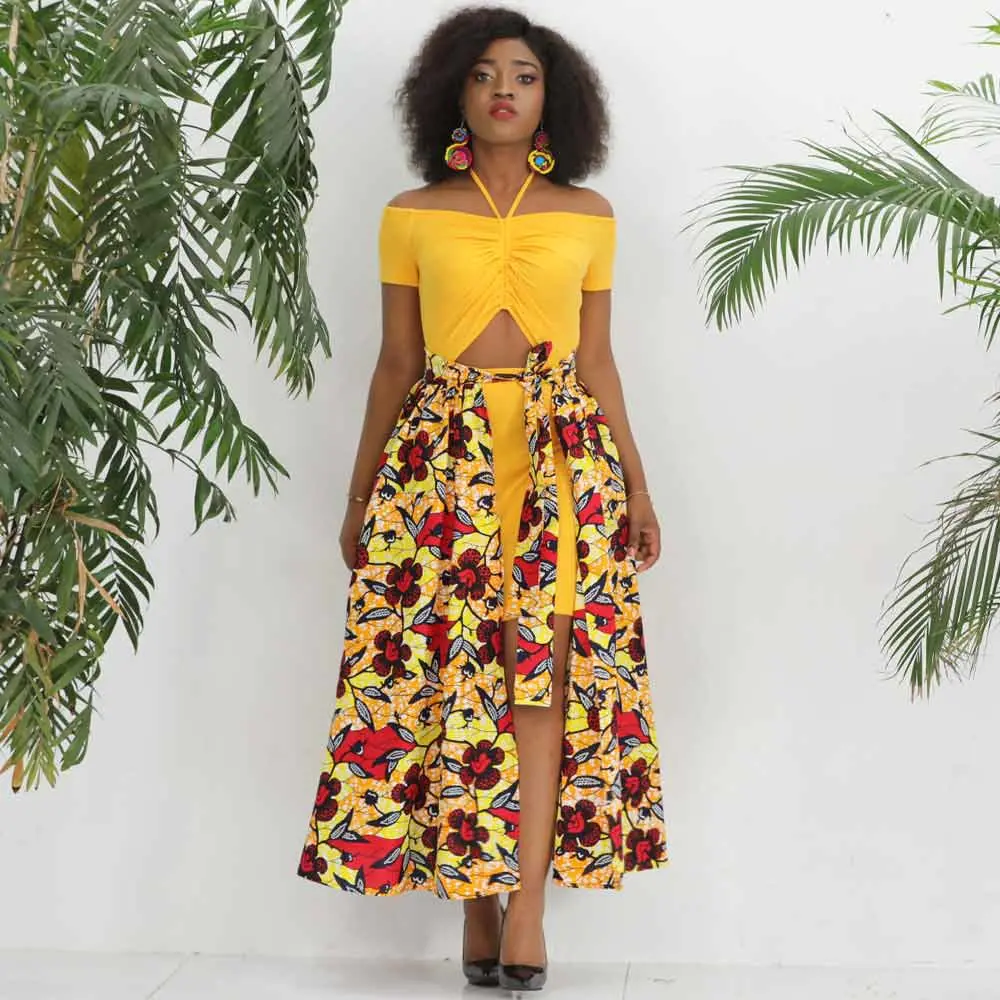 Custom Wholesale African Fabric Wax Print Women Halter off Shoulder Crop Top with Tie Skirt Two Pieces Set for African Women