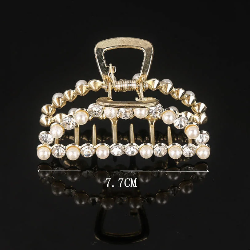 New Popular Style Women and Girls Geometry Pearl Hair Claw Large Grip Rhinestone Spring Clip Hair Accessories Ornament