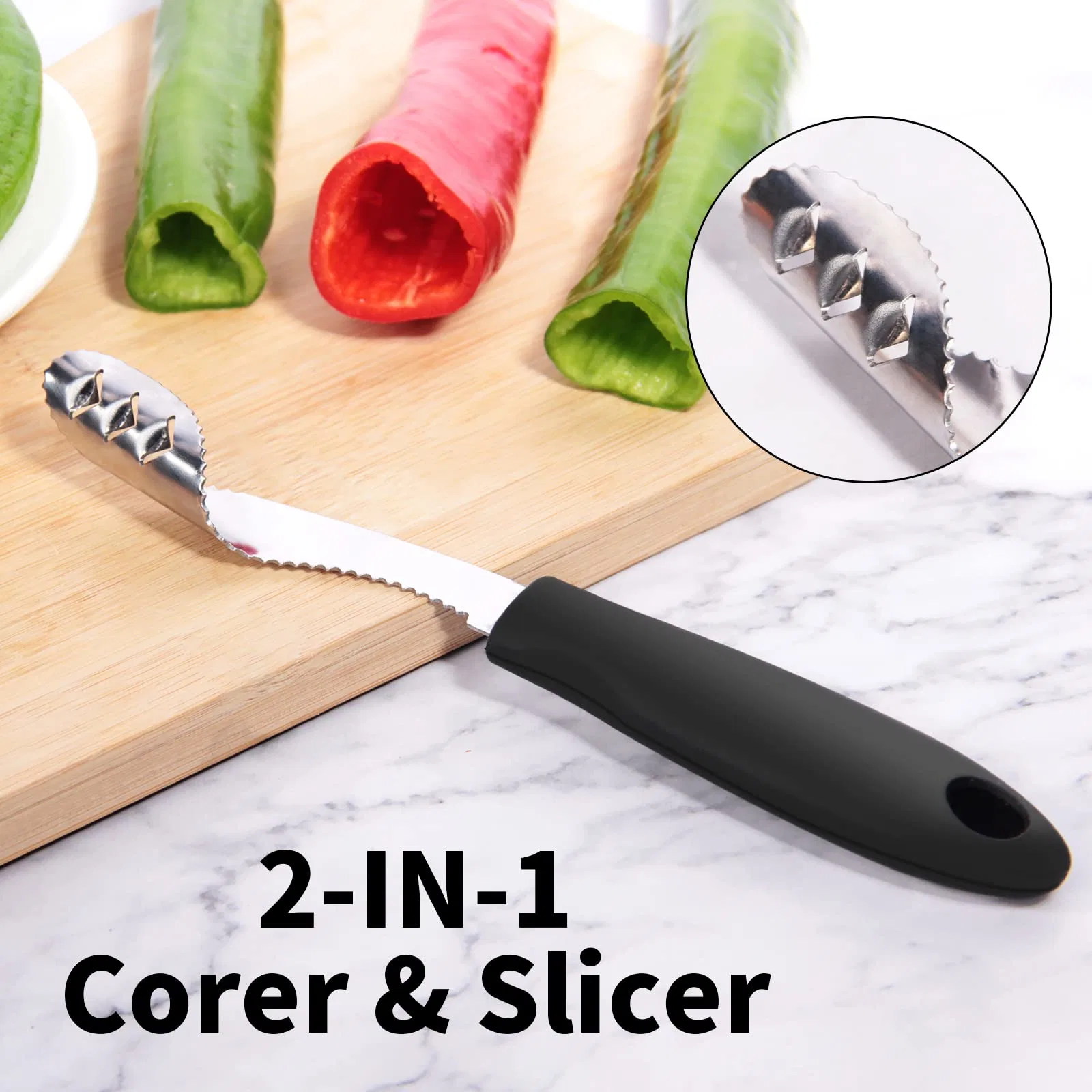 Piment corer 2 PCS Aço inoxidável ferramenta de cozinha Corte serrilhado Punho de borracha da faca