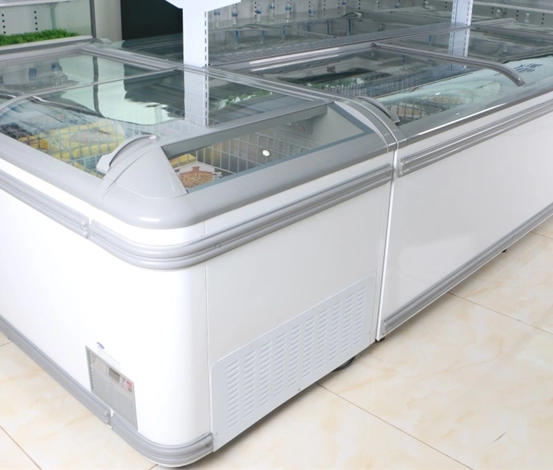 Supermarket Sliding Glass Top Island Freezer Finishing Fridge Seafood Display