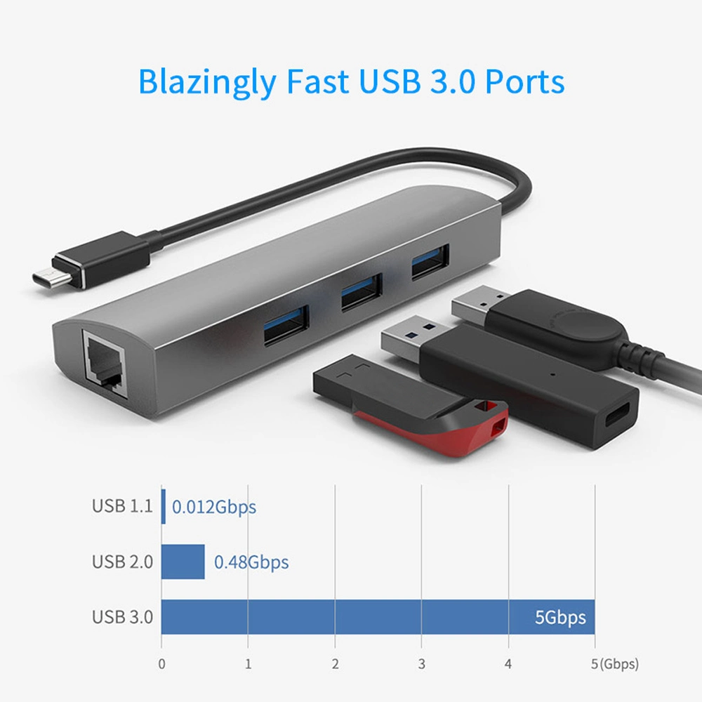 Cubo de aluminio de alta calidad tipo C Gen1 con USB3,0 y. Puerto Gigabit Ethernet