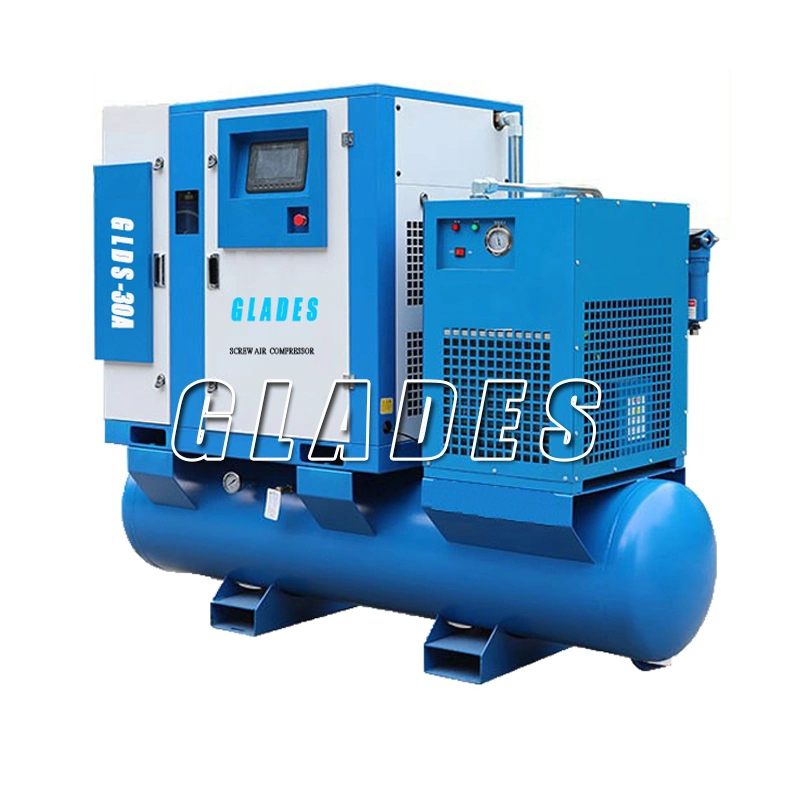 Equipamentos industriais sem óleo silencioso 7,5kw 11kw 15kw parafuso Ar Compressor com reservatório de Ar e Secador montado