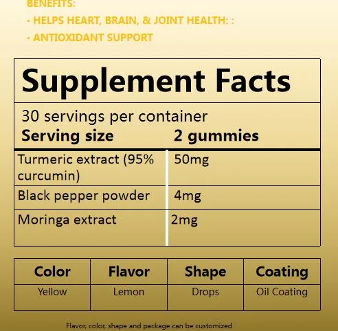 Sugar Free Gelatin Turmeric Gummy Natural Anti-Inflammatory Antioxidant Supplement for Joint Health