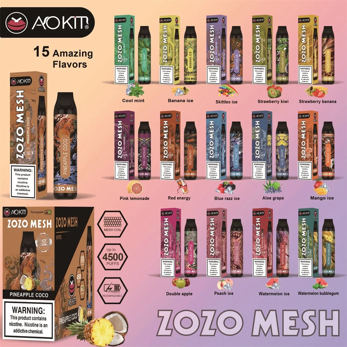 Zozo Mesh 4500 Puffs Mesh Coil Wiederaufladbarer Vape Pen Preis Großhandel/Lieferant