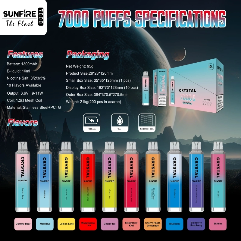 SunFire VAPE Crystal 7000 Puffs Disposable/Chargeable E cigarrillos Pen Box Kit Puff 12000 9000 9K 7K 8K 1300mAh batería 16ml Prellenados carros 20mg NIC Vapers Pod Bar Puffs