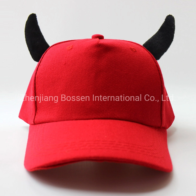 OEM Customized Logo Embroidered Black Cotton Baseball Hat Cap with Horns