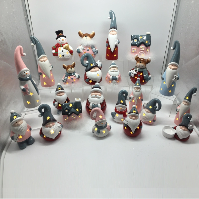 Ceramic Handpainted Santa Clause Assortment with Long Hat Lighting Ornament for Home and Party Decoration