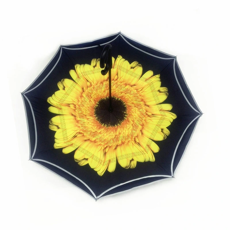 Reverse Umbrella Fully-Automatic Double Layer Printing Inverted Windproof C-Hook Hands Rain Car Large Umbrellas for Women