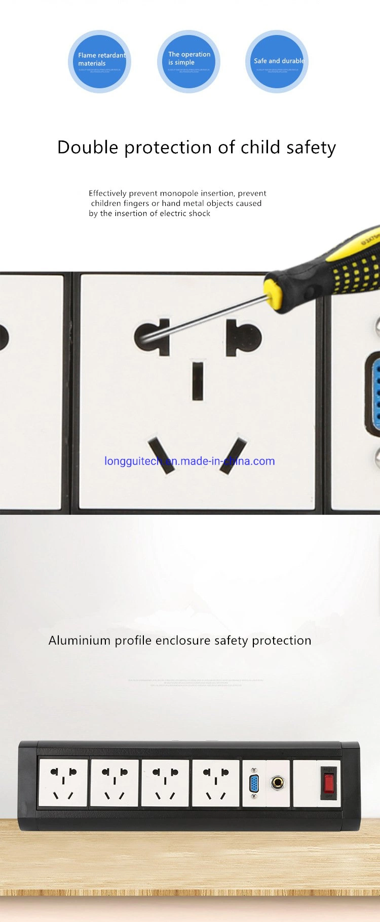 Receptáculo de escritorio de aluminio con doble toma de puertos USB