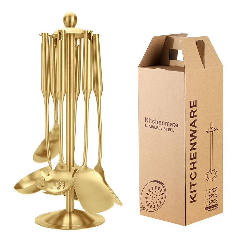 Conjunto de ferramentas para cozinhar metal com cabo oco Cozinha em aço inoxidável Gold Utensílios Set Acessórios de Cozinha