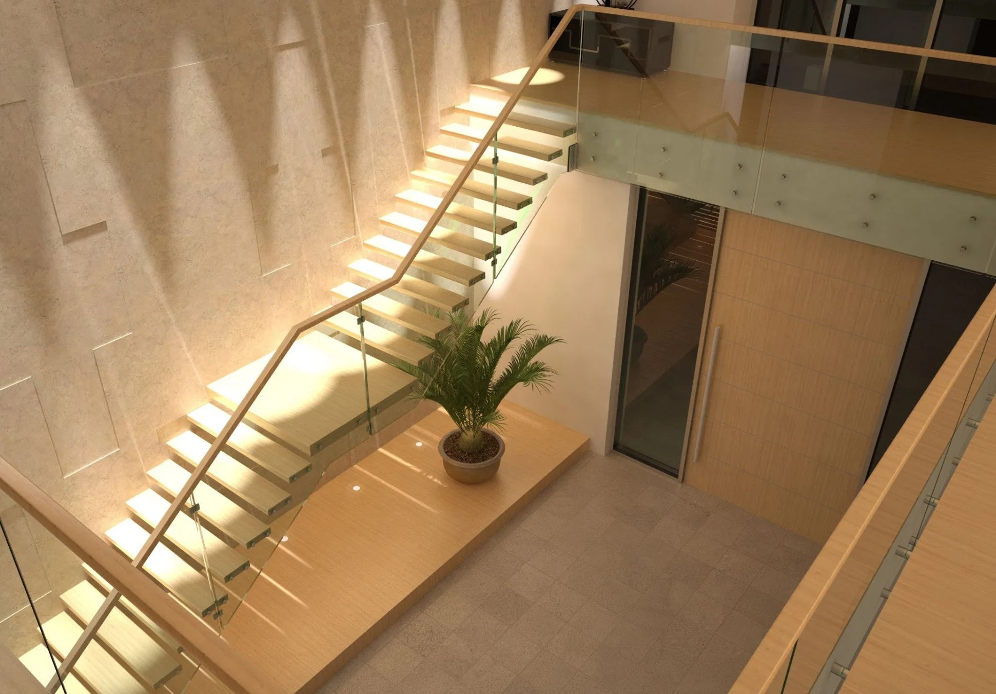Escalier moderne design en verre Balustrade Masquer Stringer Floatin escaliers en acier