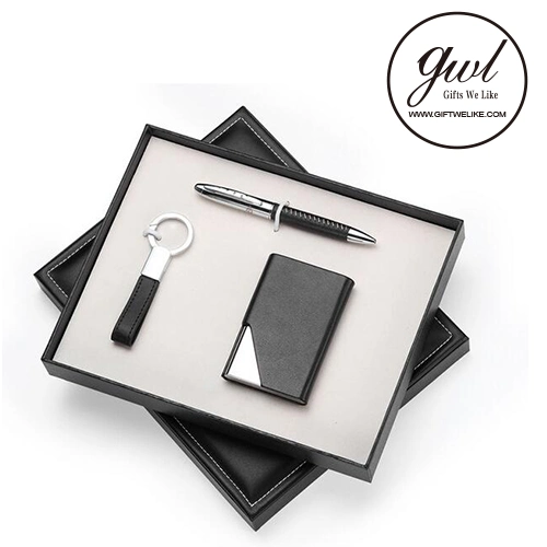 Corporate Gift Set Leather Metal Keychain with Fashion Business Card Holder