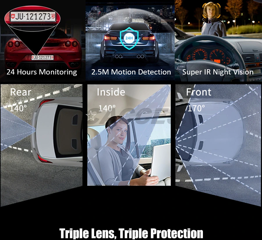 Двойной 1080P Dash Cam, тройной передней части задней части салона автомобиля камера,петлю панели камеры с помощью инфракрасного ночного видения,24Hr обнаружение движения в режиме парковки,G датчик аварии запись