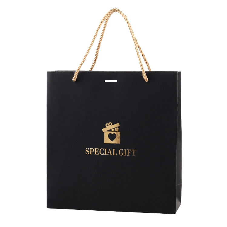 Customized Gold Foil Black Card Paper Ribbon Handle Underwear Garment Shoes Clothing Shopping Paper Bags with Bow