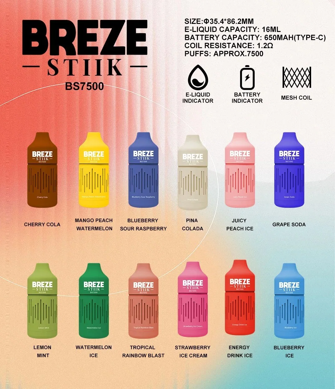 Breze Stiik BS7500 7500 Puff Zbood تخصيص شاشة LED RoHS Vape لا يمكن التخلص منه بعد 9 كيلو/8 كيلو/7 كيلو/6 كيلو/5 كيلو/4 كيلو/4K ISTA Feemo E Cig