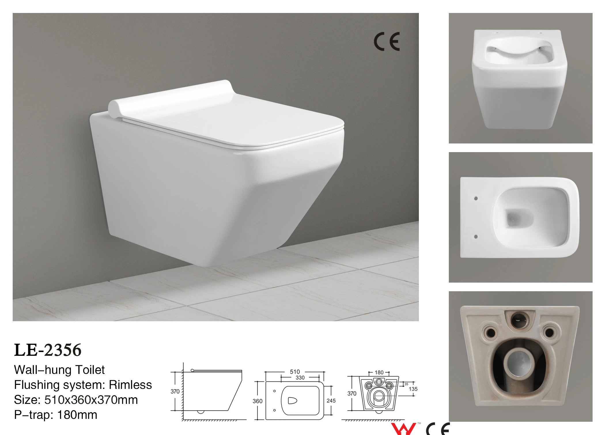 Design em cerâmica, sanitários pretos coloridos Rimless tornado Flush Wall Hung WC 2353-Oi