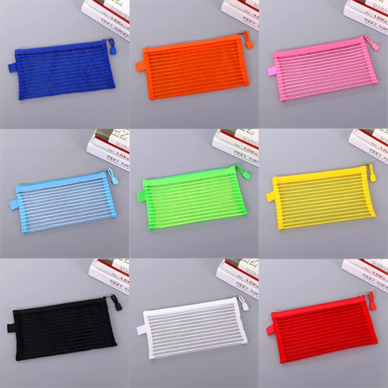 Caneta transparente colorida Grid Stationery Pouch Promotion Zipper PVC Saco