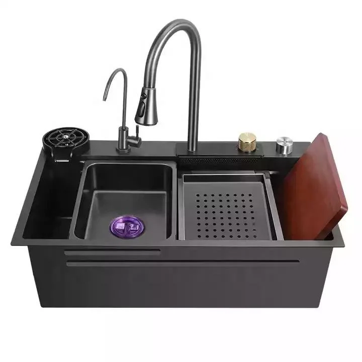 Mejor Precio 2023 Lujo Nano Negro 304 Acero Inoxidable China Granja Multifunción Cascada Lluvia Fregadero de Cocina de Un Solo Tazón Set