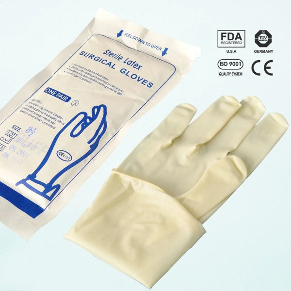 Gants chirurgicaux en latex de la santé stérilisés par radiation gamma ISO13485 certifié par la SGS