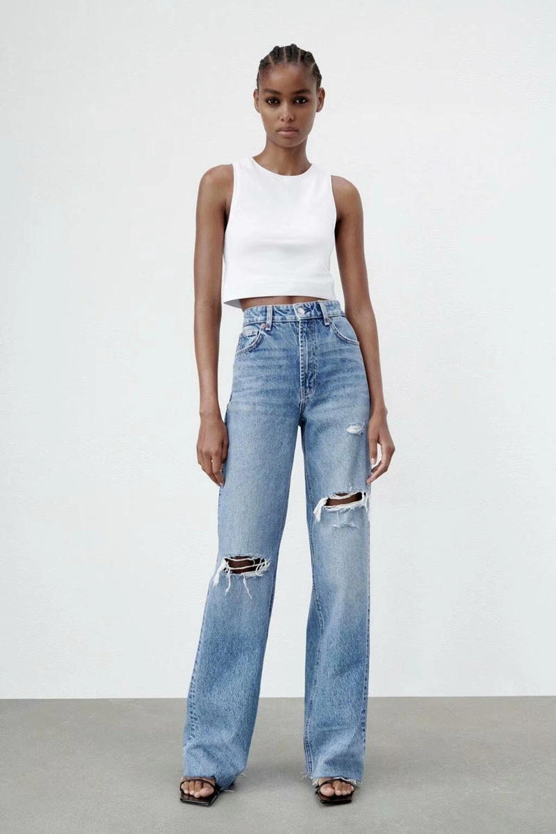 High Waist Fashion Hotsale Casual Destroyed Blue Jeans for Woman