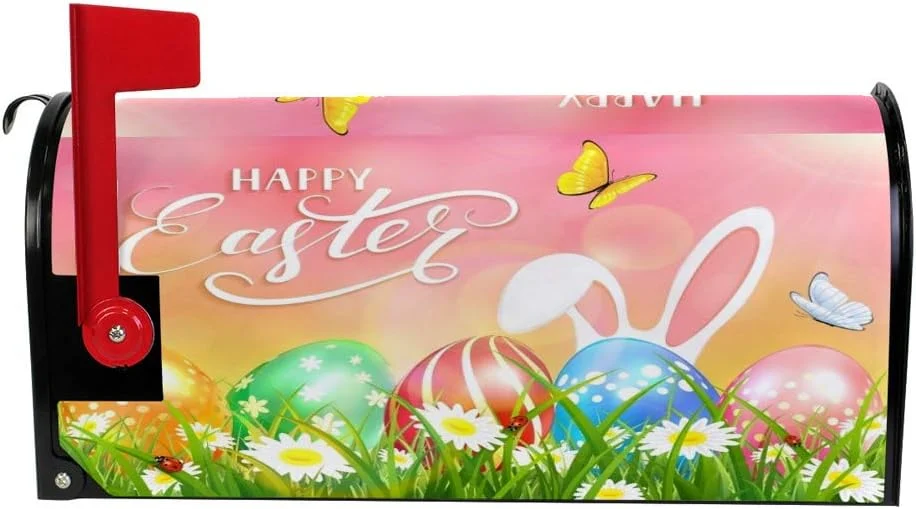 Magnetic Mailbox Cover Happy Easter Bunny Colorful Eggs Decorative Mailwraps, Rabbit Butterfly Flowers Mailbox Post Box Cover Standard Size 20.7X 18.03 Inch