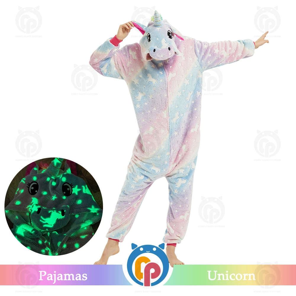 Nuevo estilo de fábrica barata al por mayor parte de la familia por la noche de invierno ropa luminosa Unicorn pijamas