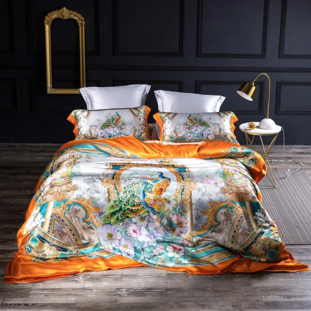 Top Luxury Orange Silk Printing Quilt Cover Silky Pillowcase King Size High-End Home Textile 4 Pieces ODM/OEM Bed Fitted Sheets Printed Bedding Set Supplier