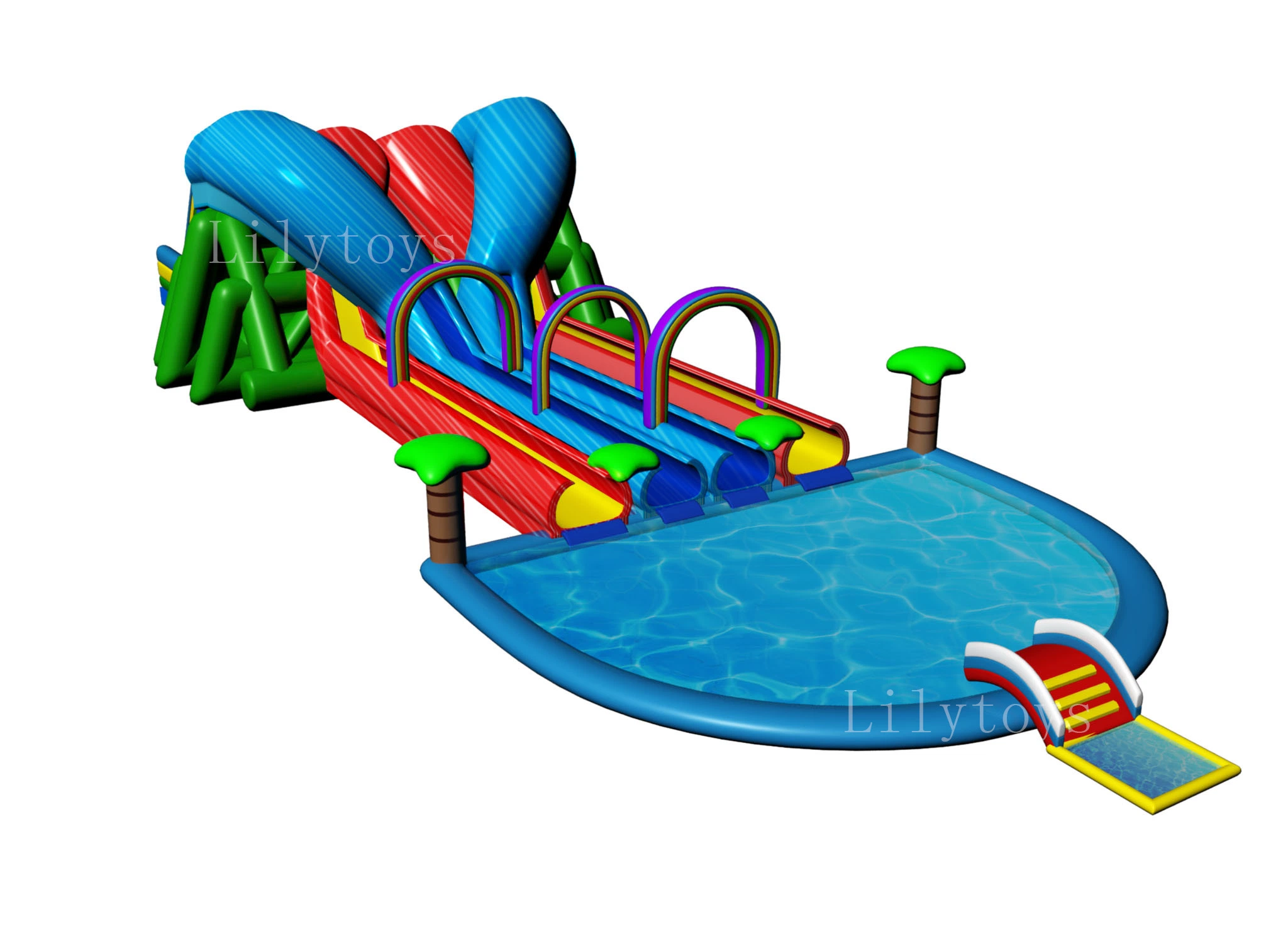 Outdoor Inflatable Land Park Rainbow Water Slide on The Ground with Swimming Pool for Kids and Adults for Fun