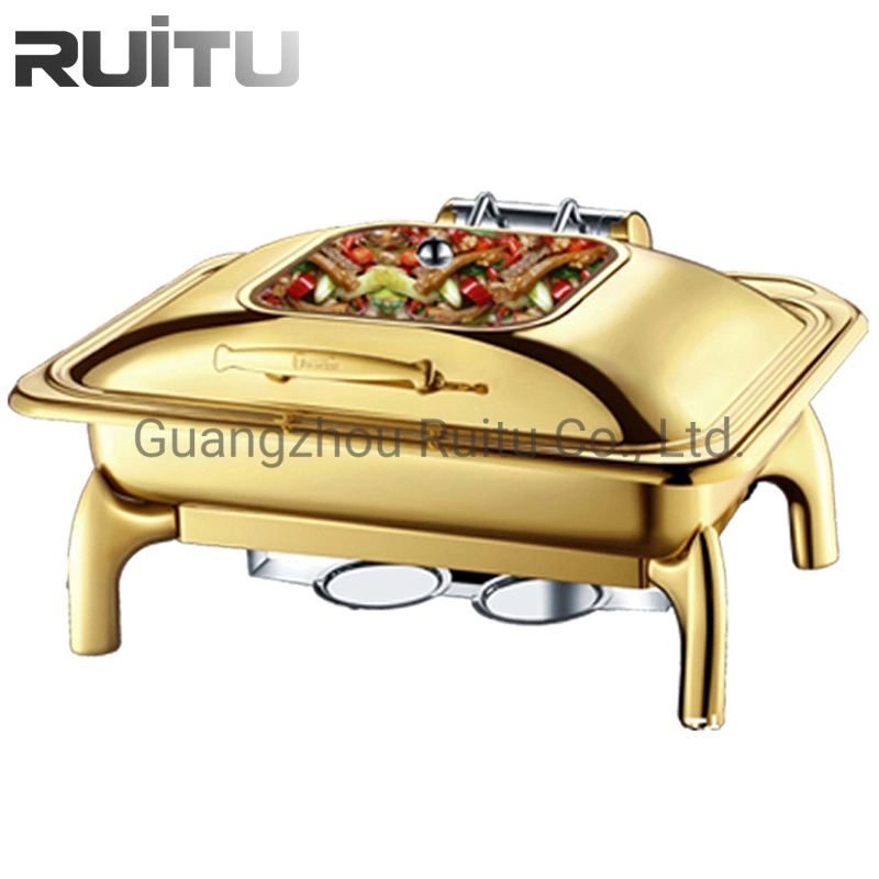 Hotel Restaurant Buffet Equipment List 6L Silver Stainless Steel Round Roll Top Glass Lid Buffet Warmer Chafer Stove Serving Set Chafing Dishes Buffet Utensils