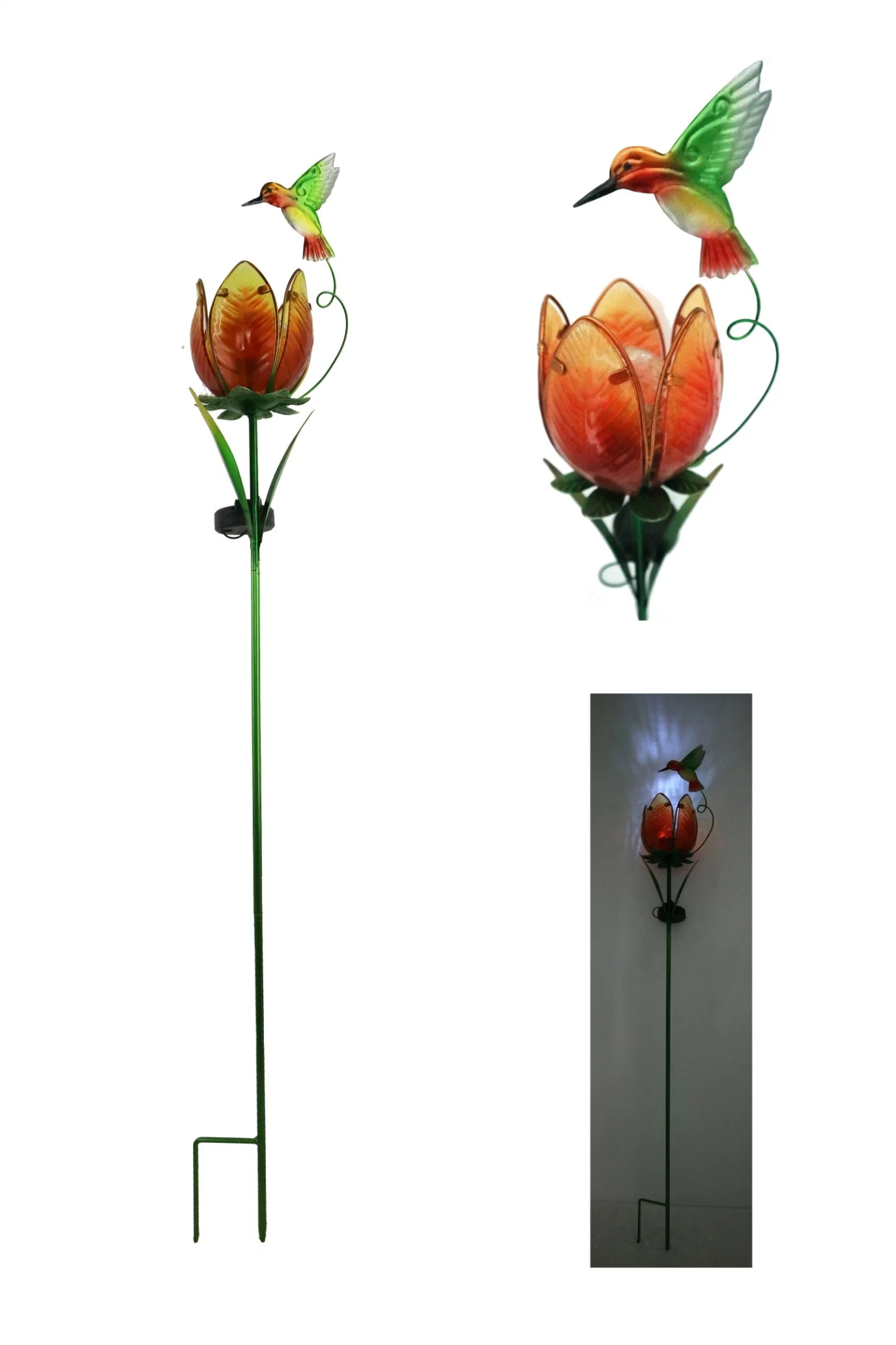 Metal Flower Garden Stake with Butterfly Honey Bird and Dragonfly with Waterproof Solar Light for Courtyard and Garden Decoration