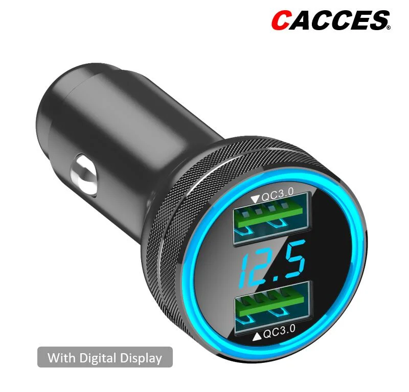 Cacce Car Charger Mini Aluminum Alloy 36W Dual USB Car Charger, 2 Alloy Car Adapter with Blue LED Digital Display Fast Charging Cigarette Lighter Adapter