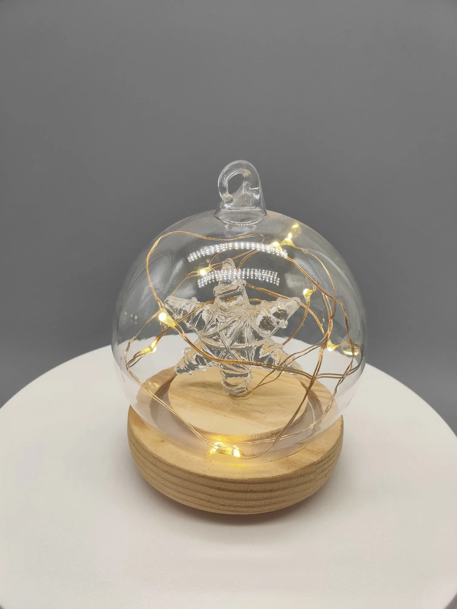 2021 Christmas Glass Ball with Wooden Bottom and LED Lights