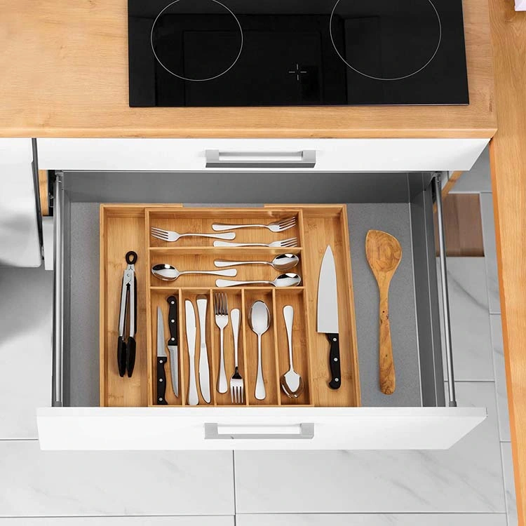 Cutlery Tray Desk Drawer Organizer Silverware Holder Bamboo Wood Utensil Storage Box