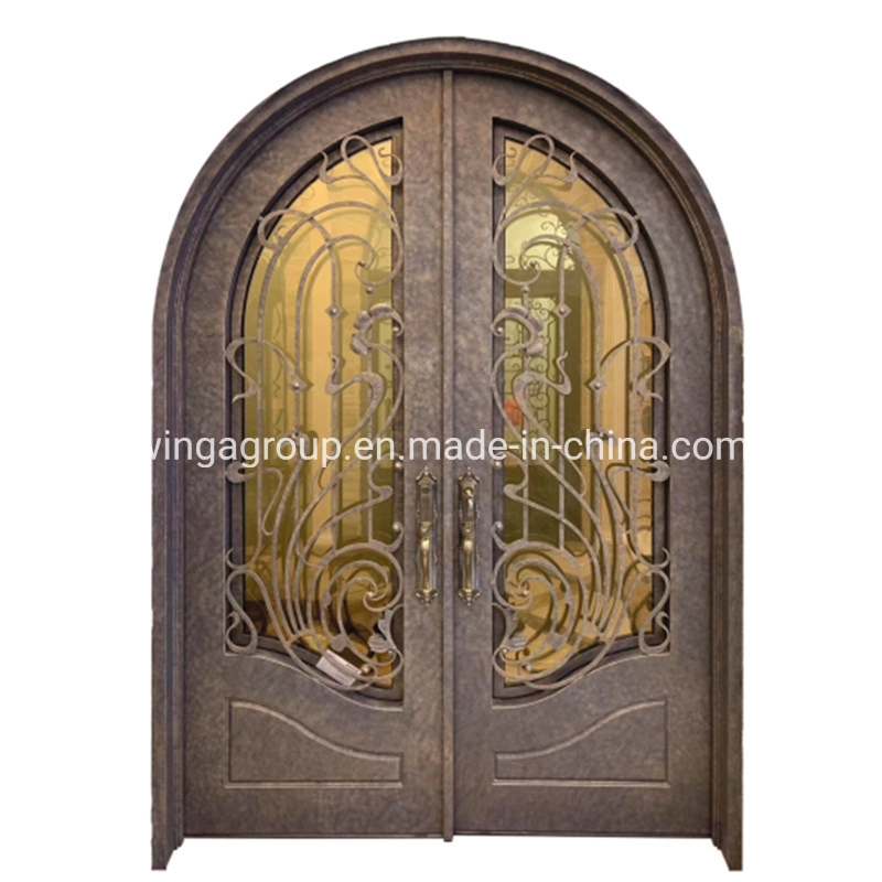 Bronze Color Main Gate Design for Custom Front Entry Double Iron Front Steel Metal Security Metal Glass Door for House Building Material with Quality Lock