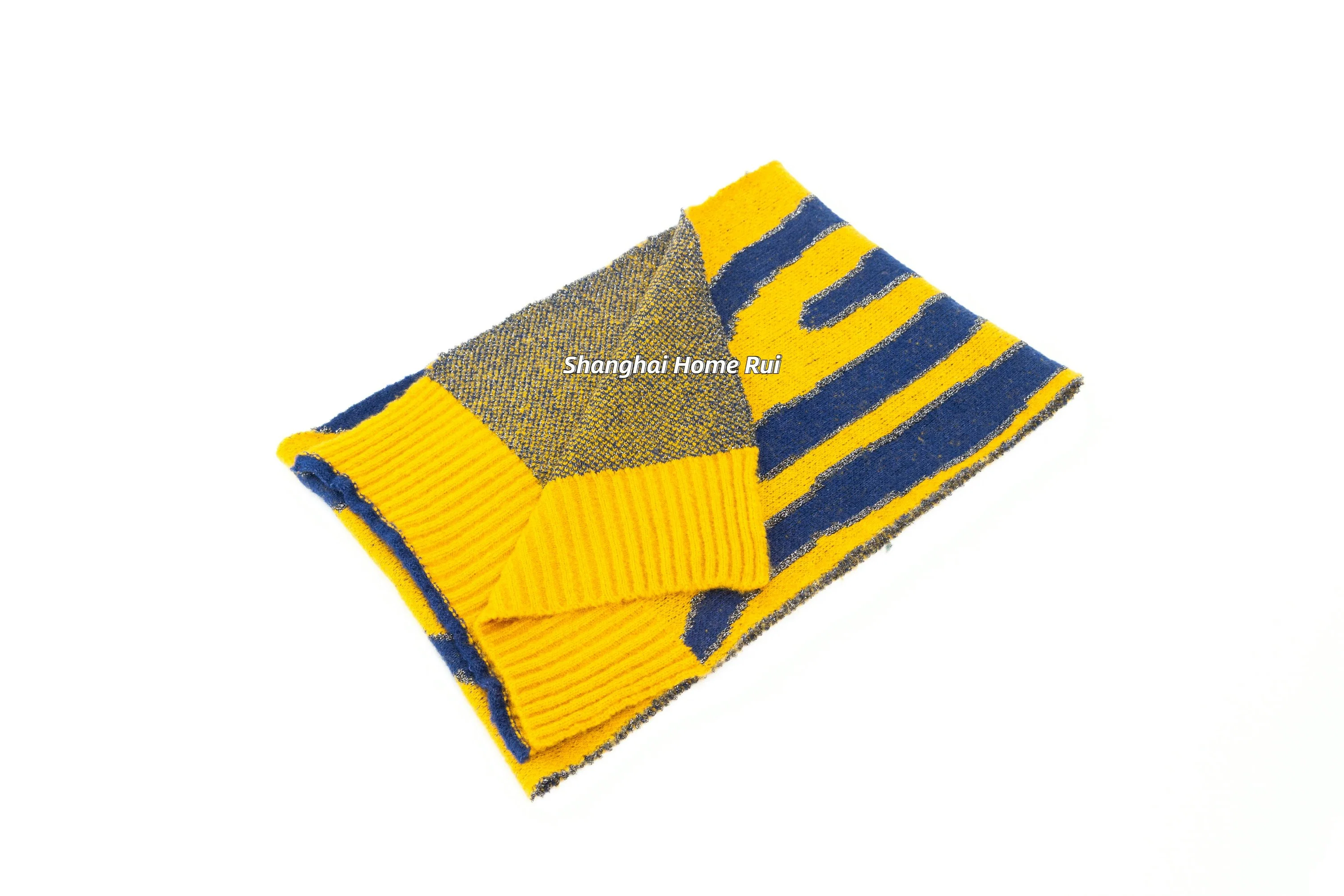 Fashion Accessory Men Winter Mustard Navy Acrylic Lurex Metalic Yarn Knitted Fringe Zebra Jacquard Stripe Design Long Scarf