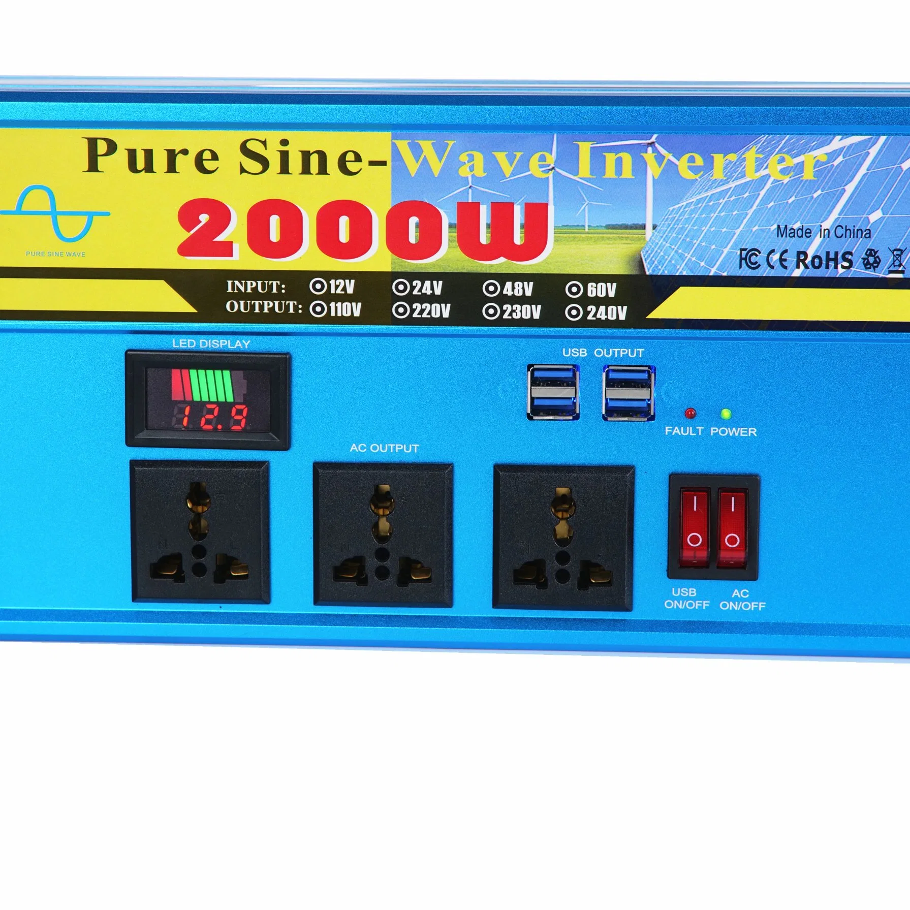 Onde sinusoïdale pure Inverter 2000W 12V 24V DC/AC convertisseur avec quatre ports USB et affichage LED