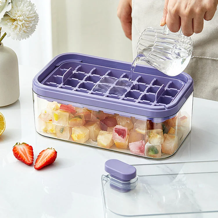 Sesame Transparent Clear One Button Press Type Ice Mold Box Colorful Lid 2 Layers Ice Tray