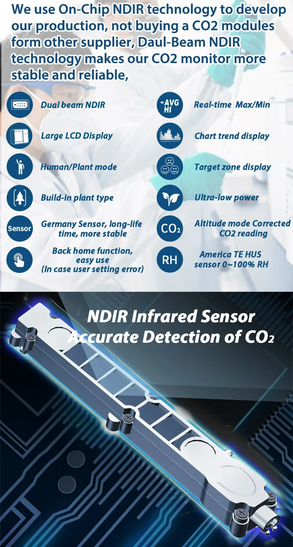 Analisador de gases para detecção de CO2 para equipamentos de teste de qualidade do ar interior para escolas, escritórios, adega