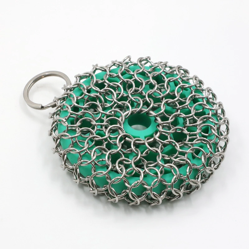 Limpiador de sartén de hierro fundido, acero inoxidable 316 con silicona Scrubber Chainmail inserto para el hierro fundido sartén Wok, Pot - Azul