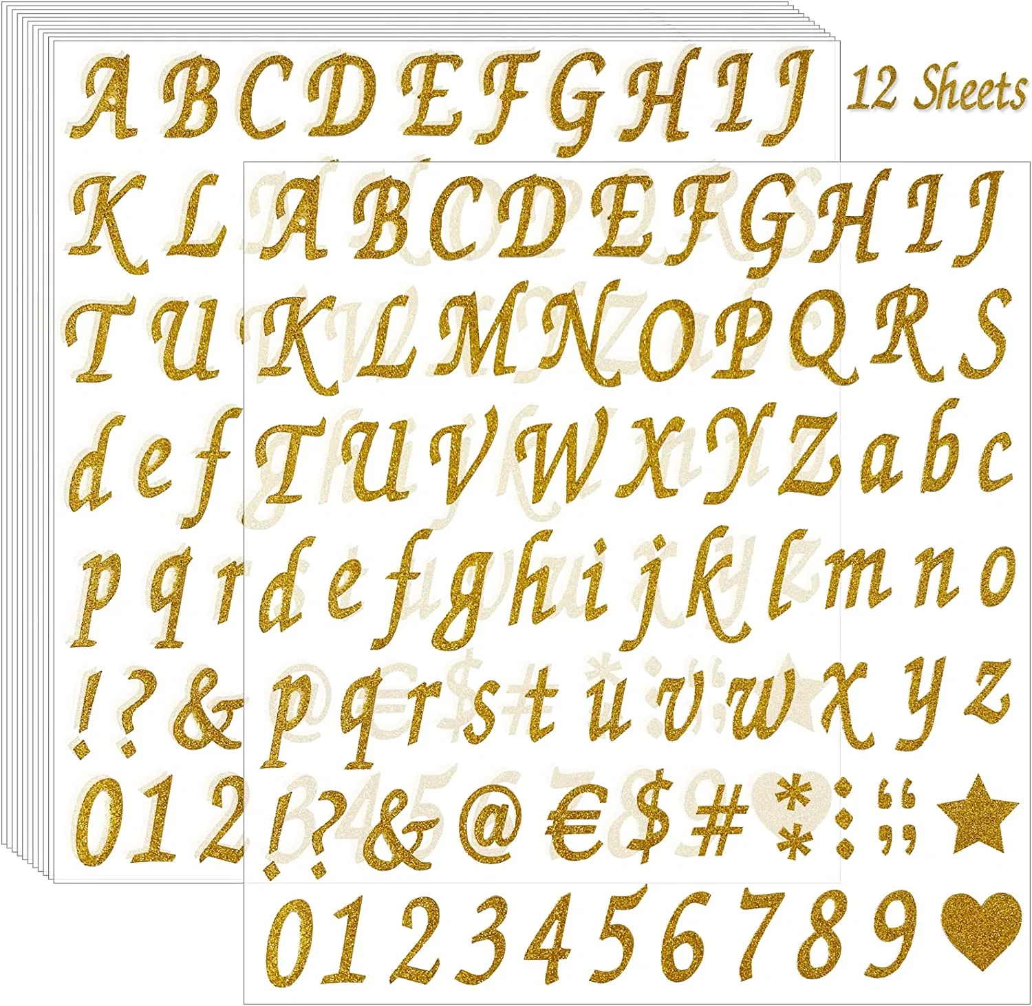 12 Sheets Glitter Gold Self Adhesive Alphabet Number Stickers for Mailbox DIY Crafts Art Making, Address Number, Scrapbook, Graduation Cap, Classroom Decoration