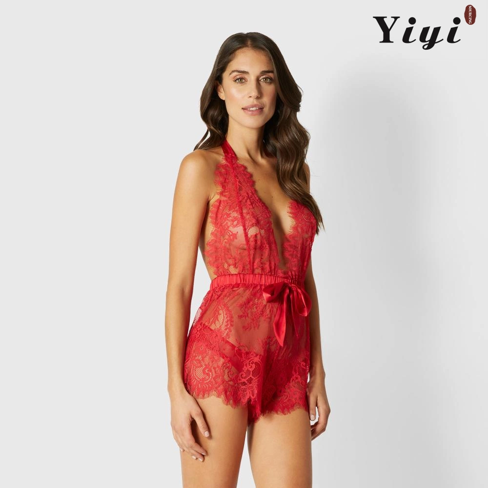 Cheap Wholesale Red Brilliant Attractive Underwear Set Erotic Lace Perspective Sexy Lingerie