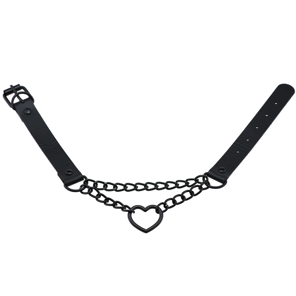 Punk Leather Black Chain Dark Spade Heart Necklace Neck Chain Bondage Bdsm Collar