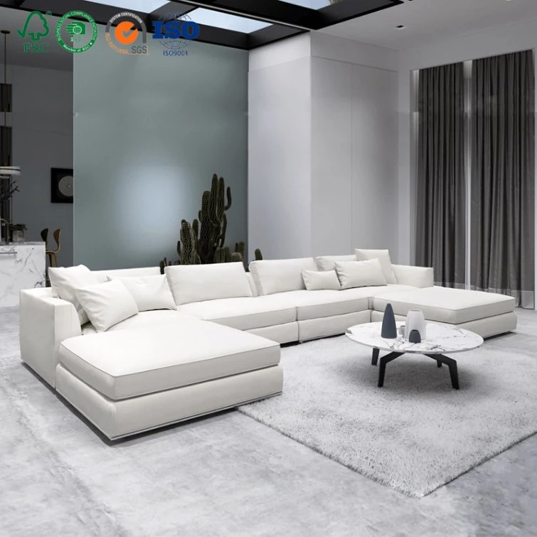 Ensemble de meubles de salon en forme de U moderne pour hôtel en gros, villa, salon, canapé-lit en cuir blanc d'angle en tissu, convertible en lit