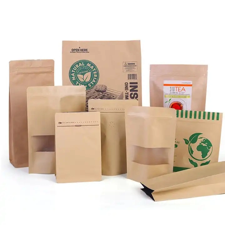 Saco de embalagem compostável impermeável ecológico biodegradável de plástico personalizado Kraft Saco de papel com fecho de correr e janela para chá de café de comida Nozes Candy