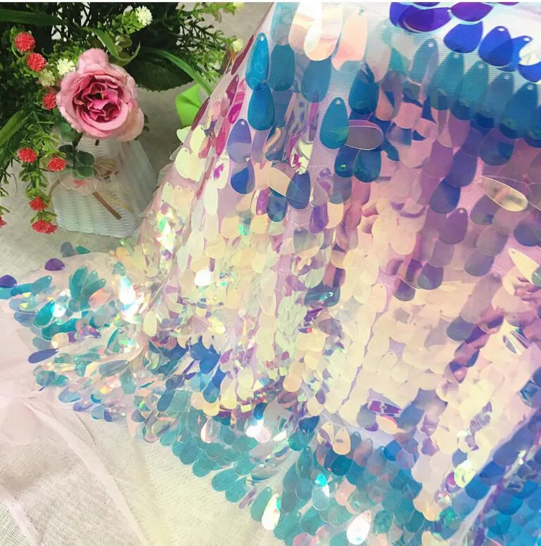 Mermaid Sequin Textile Clothing Encrypted 40mm Big Oval Embroidery Glitter Holographic Fabric