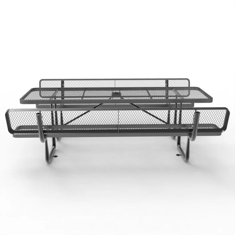 Mesa de piquenique retangular para uso externo OEM 96", mesa de metal para jardim e cadeiras com encosto, metal expandido, preto