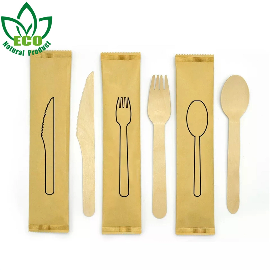 Natural Wood Cutlery Sets Pack with Paper Wrapped Individually Packed Disposable Cutlery