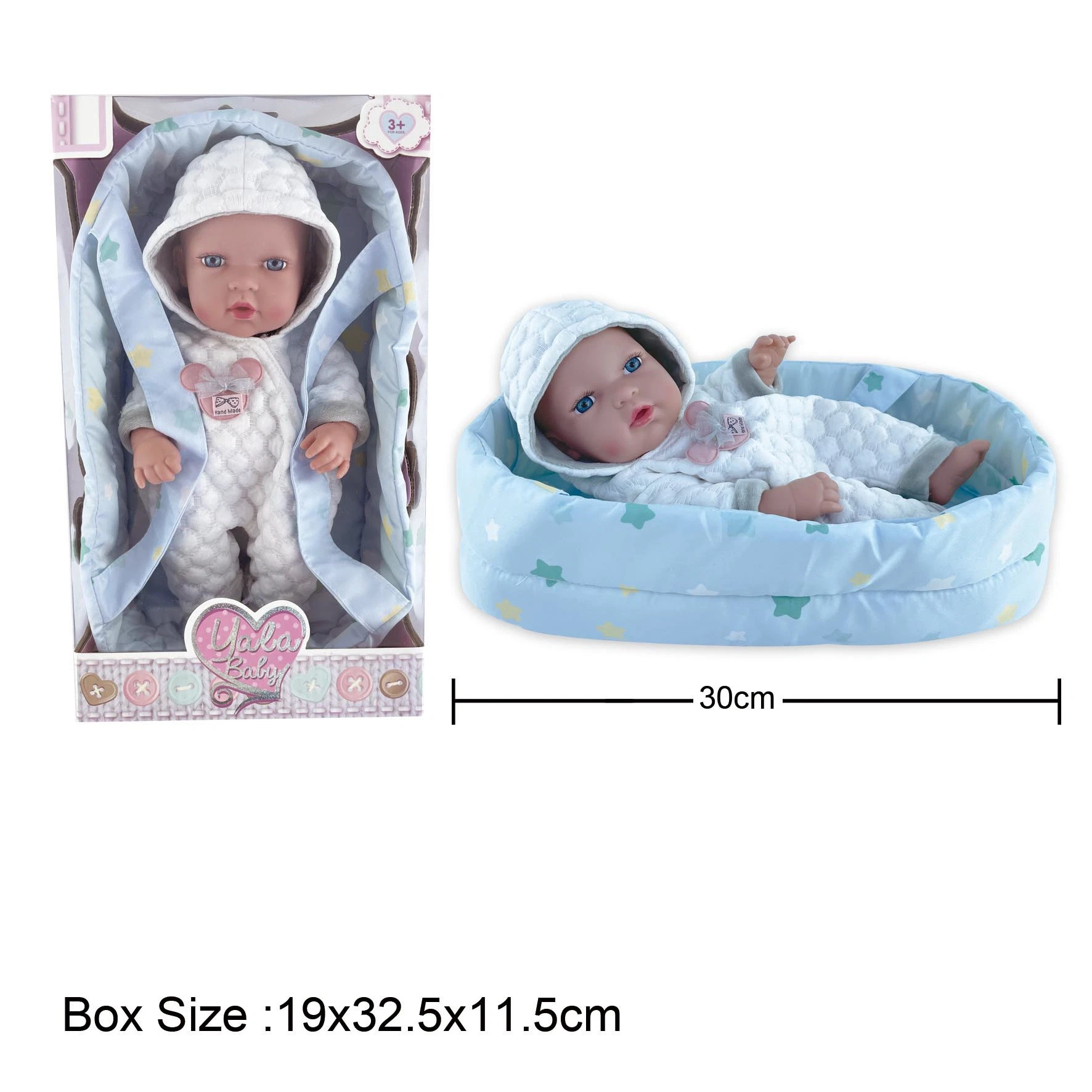 New High Quanlity Toy 12" Toddler Different Models Cute Baby PVC Doll in 30cm Fabric Cradle